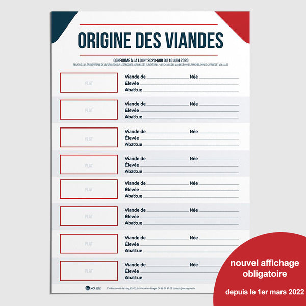 Nouvel Affichage Origine des Viandes.(Loi du 10/06/2020, rendu obligatoire depuis le 1er mars 2022) (Pack Spécial Restaurant <strong>Livraison Offerte</strong> / 1 stylo permanent + 1 stylo effaçable offerts)