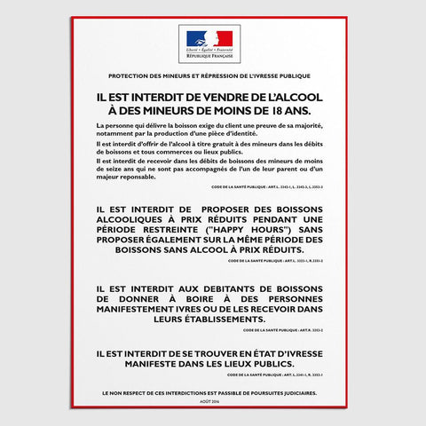 Affichage Protection des Mineurs & Répression de l'Ivresse Publique (consommation sur place) Protection Mineurs & Répression Ivresse Publique MCA Group