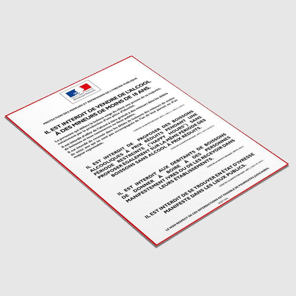 Affichage Protection des Mineurs & Répression de l'Ivresse Publique (consommation sur place) Protection Mineurs & Répression Ivresse Publique MCA Group
