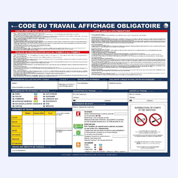 Tableau Code du Travail & Personnel & Consignes de Sécurité (Pack Spécial Restaurant <strong>Livraison Offerte</strong> / 1 stylo permanent + 1 stylo effaçable offerts)