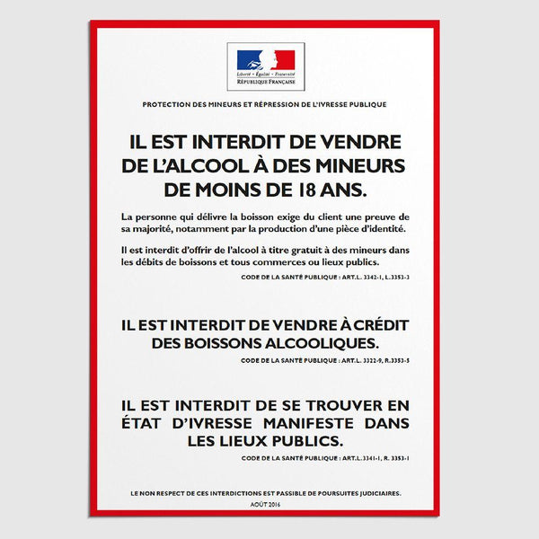 Affichage Protection des Mineurs & Répression de l'Ivresse Publique (vente à emporter) Protection Mineurs & Répression Ivresse Publique MCA Group