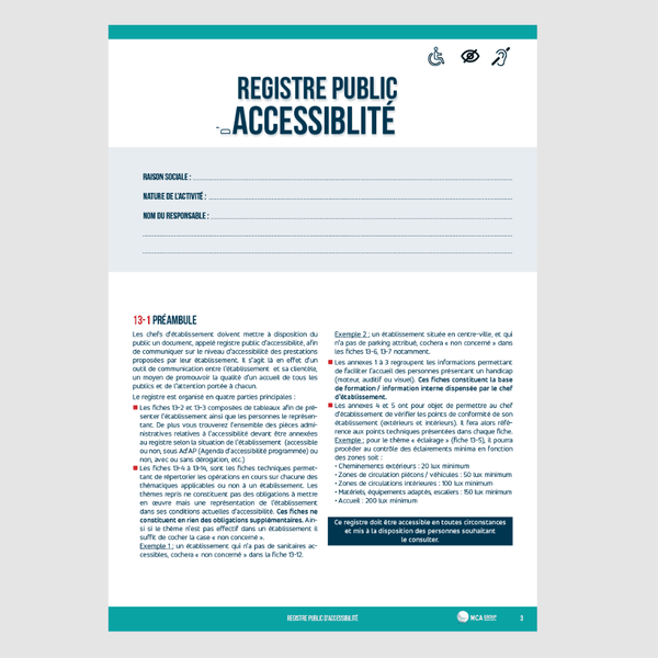 Registre Public d'Accessibilité Obligatoire / ERP (Etablissement Recevant du Public) MCA Group 