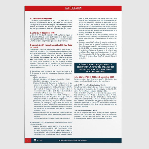 Cahier d'Evaluation des Risques en Entreprise / DUERPE (Spécial Café-Hôtel-Restaurant) Document Unique d'Évaluation des Risques MCA Group 