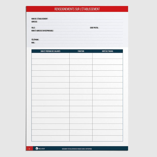 Cahier d'Evaluation des Risques en Entreprise / DUERPE (Spécial Café-Hôtel-Restaurant) Document Unique d'Évaluation des Risques MCA Group 