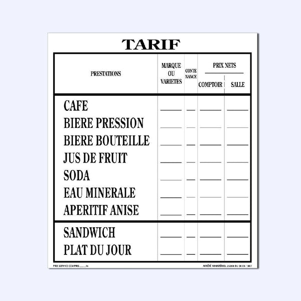 Tarif des Consommations (Extérieur) (Pack Spécial Bar <strong>Livraison Offerte</strong> / 1 stylo permanent + 1 stylo effaçable offerts)