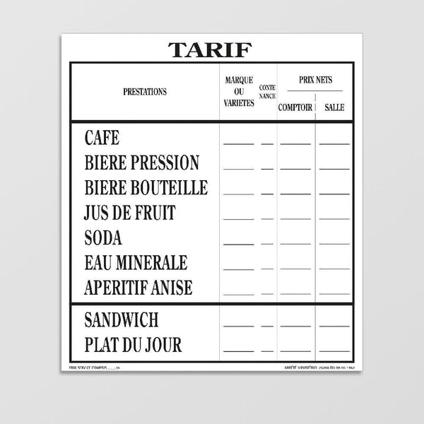 Affichage Tarif des Consommations (Extérieur) Tarifs des Consommations (Extérieur) (+ 1 stylo effaçable offert) MCA Group 