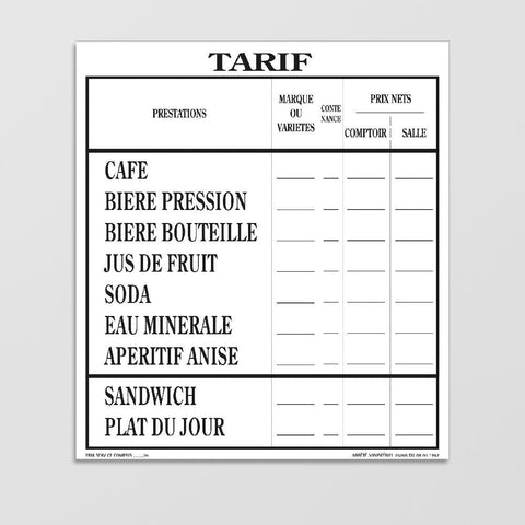 Affichage Tarif des Consommations (Extérieur) Tarifs des Consommations (Extérieur) (+ 1 stylo effaçable offert) MCA Group 